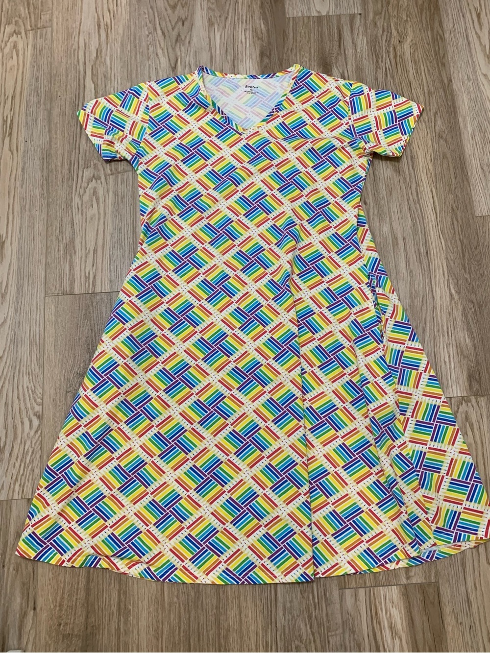 Svaha Rainbow Pencils Organic Cotton Midi Dress short sleeve 2 Pockets Womens XL - Picture 3 of 7